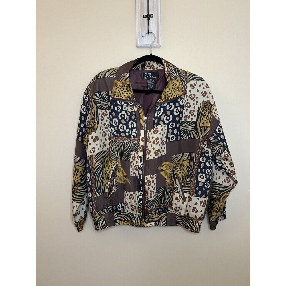 EVR Women’s Vintage Silk Leopard Zebra Patchwork Full Zip Bomber Track Jacket S